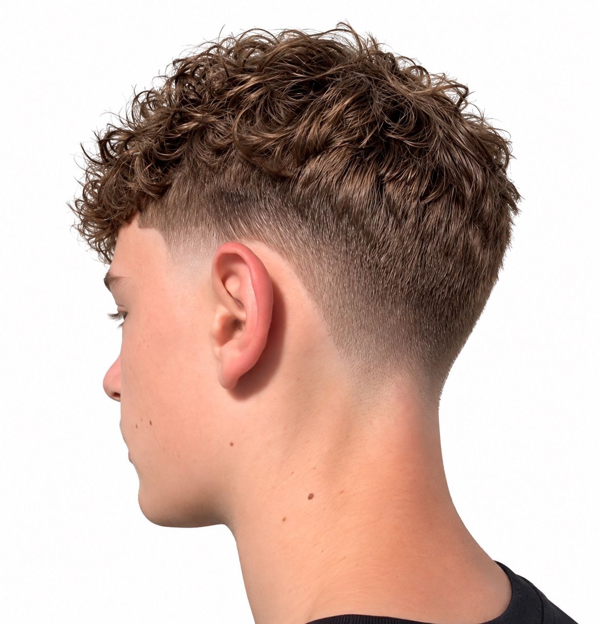 Low taper under a light brown curly top, left profile